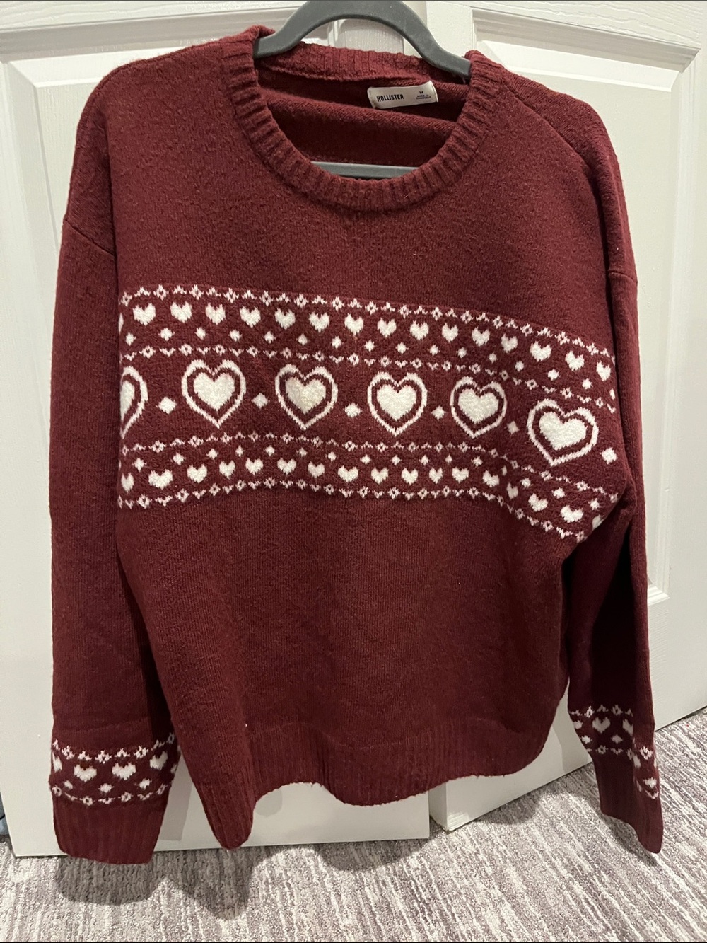 Hollister Maroon Crewneck Sweater with White Heart Jacquard